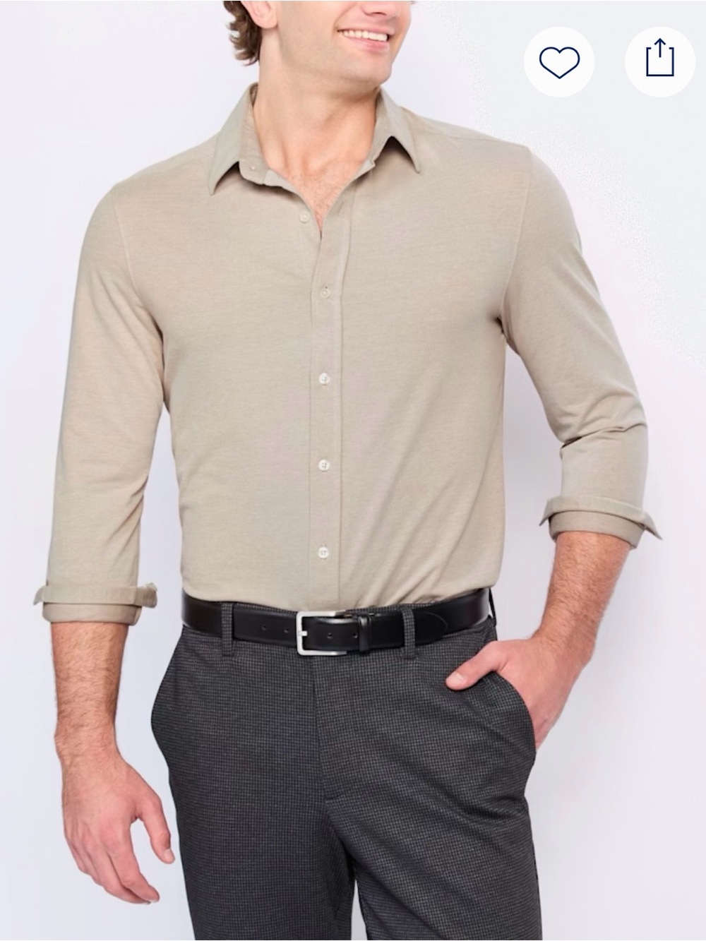 NWT - Men's Long-Sleeve Stretch Dress Shirt in Beige - Classic Knit Button-Up